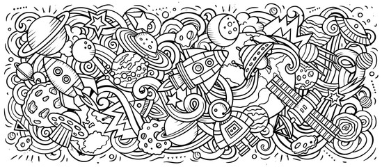 Space hand drawn cartoon doodles illustration. Sketchy vector banner