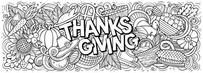 Happy Thanksgiving hand drawn cartoon doodles illustration.