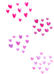 Watercolor sketch of pink romantic hearts pattern in childish funny style