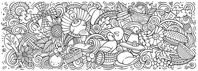 Happy Thanksgiving hand drawn cartoon doodles illustration.