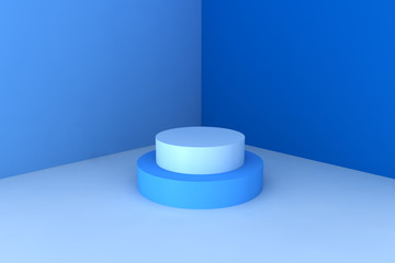 3d minimal abstract blue background wall corner with stage podium, Empty Showroom Pedestal, 3d rendering