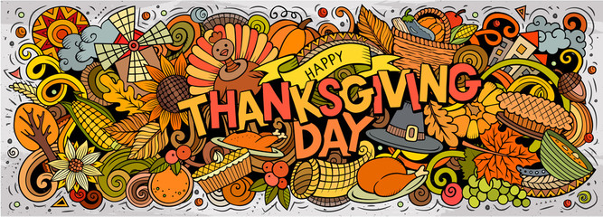 Happy Thanksgiving hand drawn cartoon doodles illustration.
