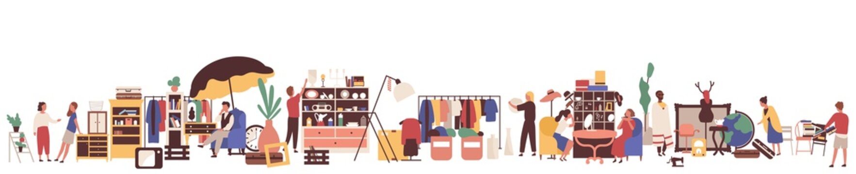 Flea market flat vector illustration. Customers and sellers cartoon characters. Clothing and vintage goods retail business. Garage sale, second hand shop. Merchandise and consumerism concept.