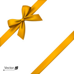 Golden bow with diagonally ribbon on the corner. Vector bow for page decor, gifts, greetings, holidays.
