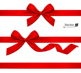 Holiday red bow with ribbon. Vector present.