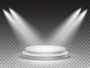 Podium stand isolated on transparent background. White circle plinth, pillar or display stage. Vector empty prize pedestal with projector light beams.