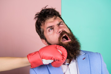 Teeth pain concept. Defenseless head. Suffering. Punch in face. Destroy beauty. Cosmetology and...