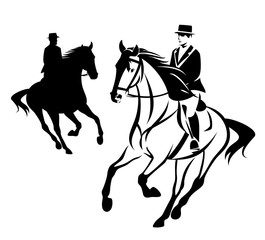 elegant man riding horse during equestrian sport competition - horseman black and white vector outline and silhouette