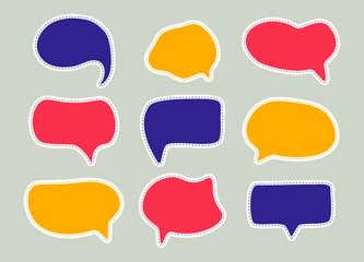 Abstract speech bubble set. Vector colorful cloud frame, text space with dash line, thinking balloons. Cartoon message graphic cloud shape illustration
