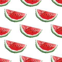 Watermelon pattern vector. Pixel art. 8 bit. Cute seamless vector pattern with watermelons and dots.