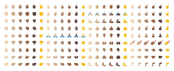 Fotobehang All hand emojis, stickers in all skin colors. Hand emoticons vector illustration symbols set, collection. Hands, handshakes, muscle, finger, fist, direction, like, unlike, fingers. © peregrinus