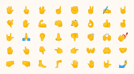 Hand Emojis Gestures Vector Icons Set. All Type of Hand Emoticons, Thumbs Up, Down, Arm, Elbow, Gym, Muscle, Nail Illustrations Collection - Powered by Adobe