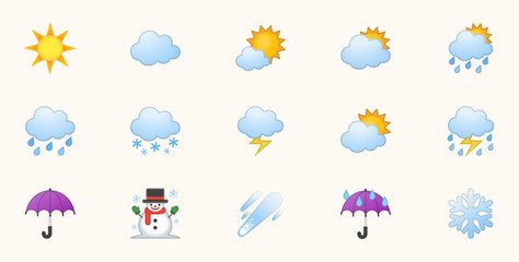 Weather Icons Vector Set. Temperature, Cloud, Sky Symbols Set. Sunny, Cloudy, Rainy, Stormy, Hot Degree Sun Illustrations