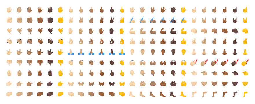 All hand emojis, stickers in all skin colors. Hand emoticons vector illustration symbols set, collection. Hands, handshakes, muscle, finger, fist, direction, like, unlike, fingers.