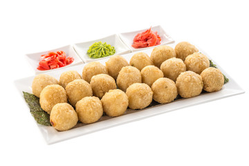 Deep Fried Rice Balls with Salmon and Cream Cheese with ginger, wasabi isolated on white background
