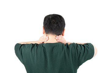 Portrait of unhappy young Asian man suffering from neck pain with red spot on neck isolated on white background. Office syndrome, painful disease, body pain relief, healthcare and medicine concept.