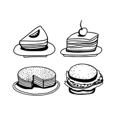 Set hand drawn food cakes and burger. Vector outline illustration isolated on white background.
