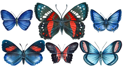 Fototapeta na wymiar collection of colorful butterflys on an isolated white background, watercolor illustration, hand drawing, painting
