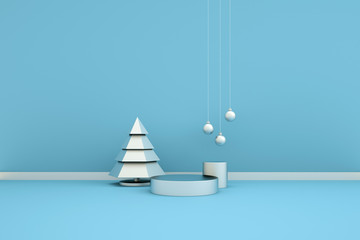 Merry Christmas and Happy New Year 3d rendering with xmas balls, christmas tree, platform for product presentation, mock up. Winter decoration, xmas minimal design