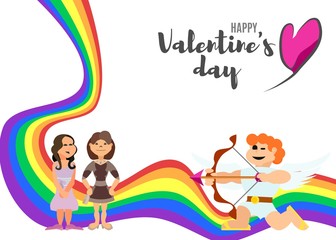 poster with a rainbow for lovers day with women and cupid
