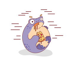 fat blue frog enjoys eating pizza