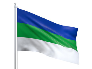 Komi Republic (Federal subject of Russia) flag waving on white background, close up, isolated. 3D render