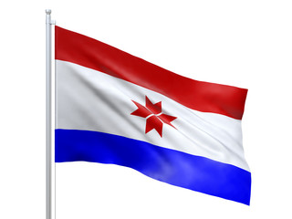Naklejka premium Mordovia Republic (Federal subject of Russia) flag waving on white background, close up, isolated. 3D render