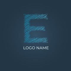Alphabet letter E sketch with blue colour and isolated teal background