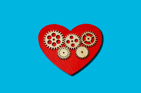 heart gear on blue background top view mock up, space for text