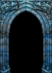 Fantasy medieval stone gate with sculpted dragon heads
