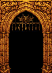 Fantasy medieval stone gate with sculpted dragon heads