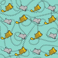 Seamless pattern of cats and mice for baby supplies.  catch-up game.  illustration.