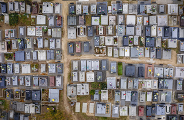 Drone photo of graves at cemetery in Rogow village, Poland