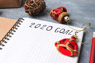 2020 goals, text on the paper in notepad, close up view New Year promises concept