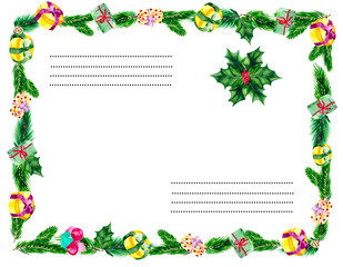 Christmas frame with green fir branches, gifts and Holly on white background with space for text. Watercolor illustration for postcards, invitations or holiday posters.