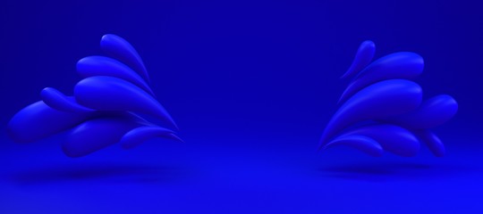 Fototapeta na wymiar 3d background rendering of colorful liquid blue drops frame. Scene in bold blue illuminated studio.