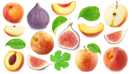 Large collection of different fruits - peach, fig and apple, isolated on a white background with clipping path.