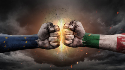 EU vs EU. Fists with flags. Battle EU with Italy on sky.