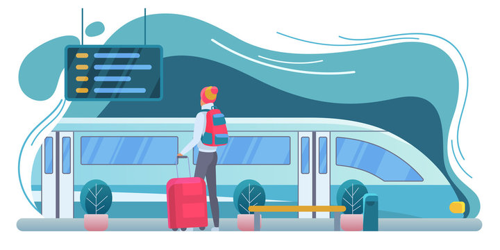 Traveler at railway station flat vector illustration. Tourist with backpack at platform cartoon character. Modern train. Backpacker with suitcase looking at departure board. Vacation, trip, journey