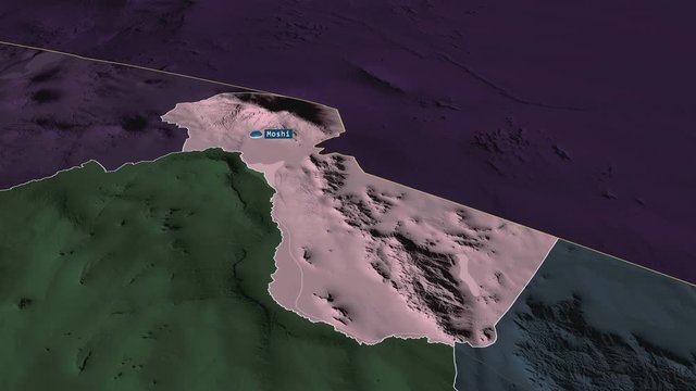 Kilimanjaro - region of Tanzania with its capital zoomed on the administrative map of the globe. Animation 3D