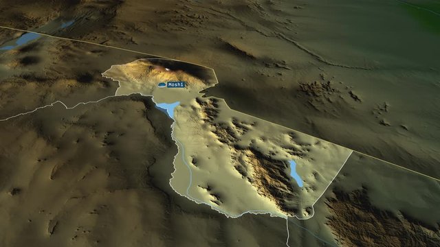 Kilimanjaro - region of Tanzania with its capital zoomed on the physical map of the globe. Animation 3D
