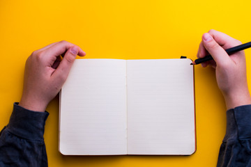 Woman's hands with a blank agenda ready to write.