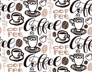 But First Coffee - cute hand drawn doodle lettering postcard pattern background