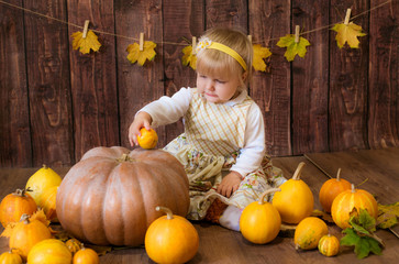 Little cute girl in a beautiful sundress with orange pumpkins and yellow leaves on a wooden...