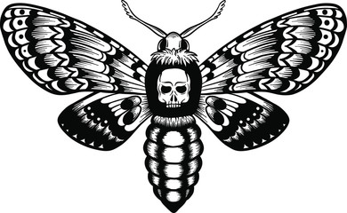 seamless pattern deaths head hawk moth vector illustration isolated on white. hand drawn tattoo style. Black and white vector art.