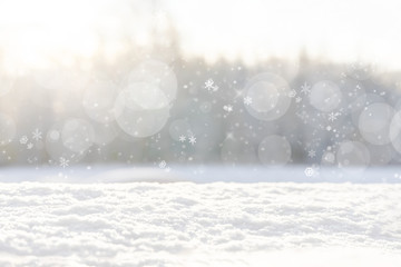 Christmas background with snow and snowflakes on a blurred natural background. Happy New Year,...