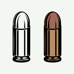 Set of retro vintage bullets in monochrome and color mode. 9mm ammo for pistol gun. Line woodcut style. Monochrome Graphic Art. Vector Illustration.