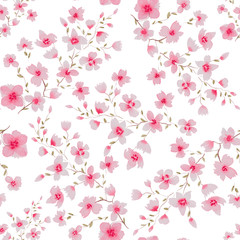 watercolor seamless repeat pattern with cherry blossom tree isolated on white, floral composition with pink flowers, sakura watercolor flowers