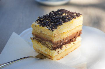 Delicious slovenia cake on white plate called Izolanka, veri tasty dessert with chocolate and orange, metallic spoon