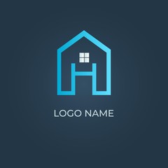 Blue home logo with letter alphabet H shape on isolated dark background